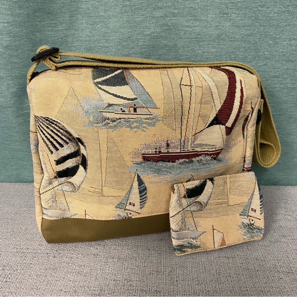 Sailboat crossbody tapestry shoulder purse matching coin vintage fisherman core